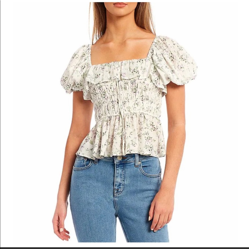 NWT Antonio Melani Shayla Short Puff Sleeve  Floral Print Poplin Peplum Blouse